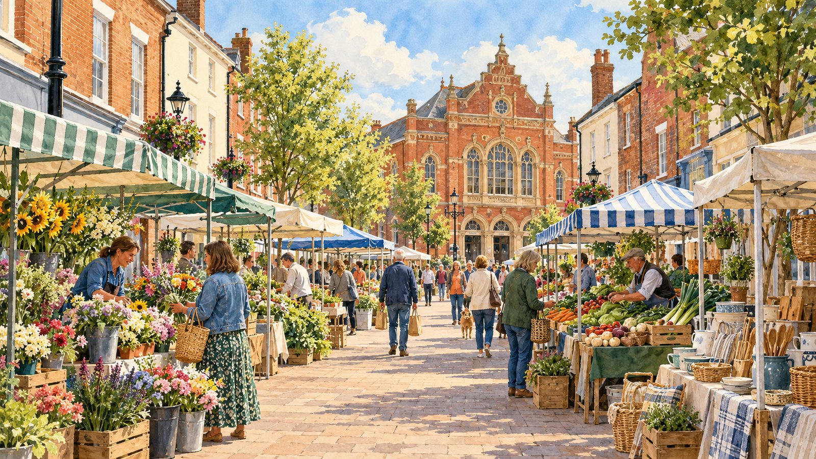 Artist's impression of shoppers and a small market on Haverhill High Street with its Victorian Arts Centre beyond