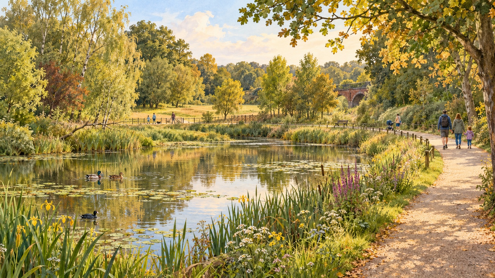 Artist's impression of a pond and woodland paths at East Town Park in Haverhill